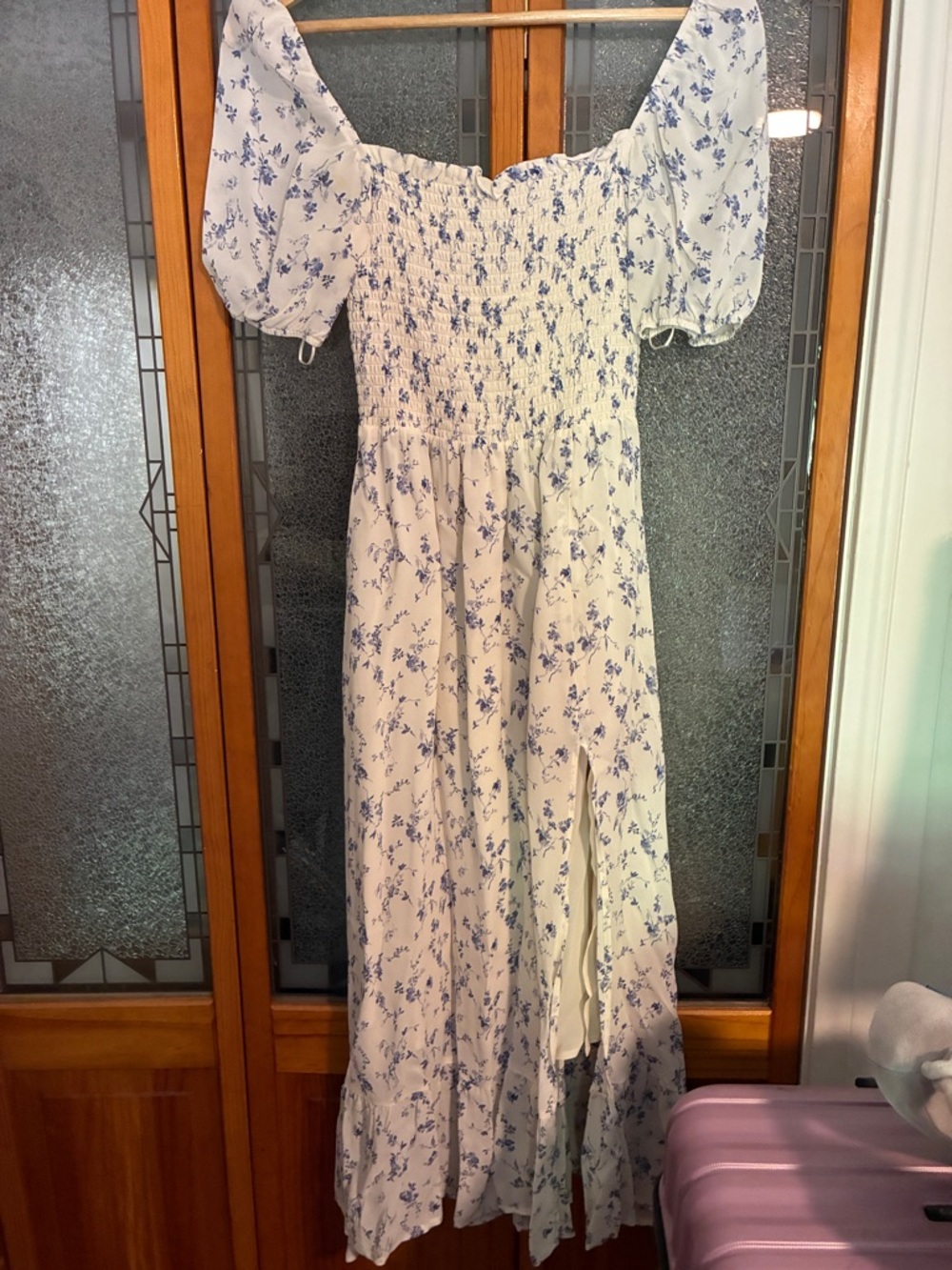 Reformation Cream Midi Dress with Blue Floral Print